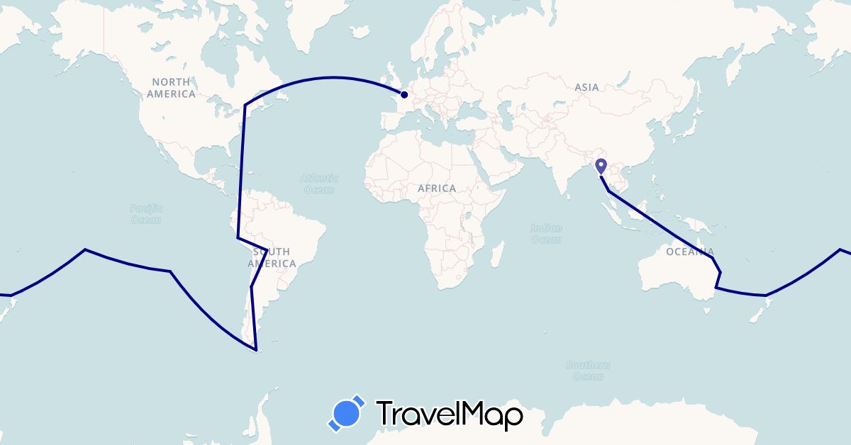 TravelMap itinerary: driving in Argentina, Australia, Bolivia, Canada, Chile, France, Myanmar (Burma), New Zealand, Peru, Thailand (Asia, Europe, North America, Oceania, South America)