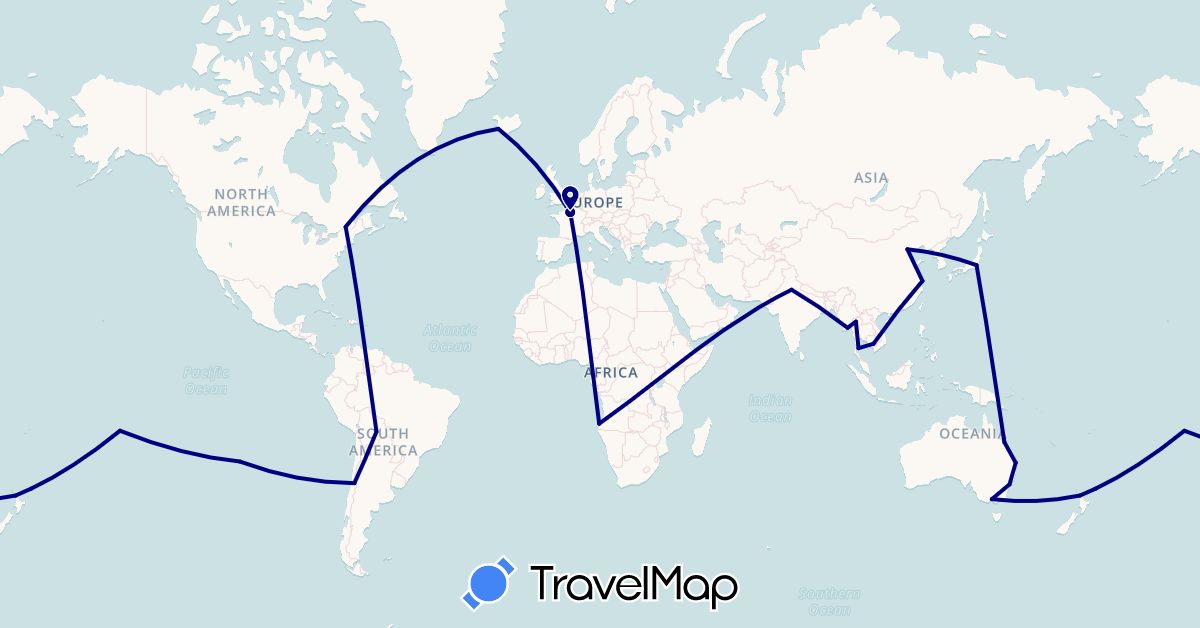 TravelMap itinerary: driving in Angola, Australia, Bolivia, Canada, Chile, China, France, India, Iceland, Japan, Cambodia, Myanmar (Burma), New Zealand, Thailand (Africa, Asia, Europe, North America, Oceania, South America)